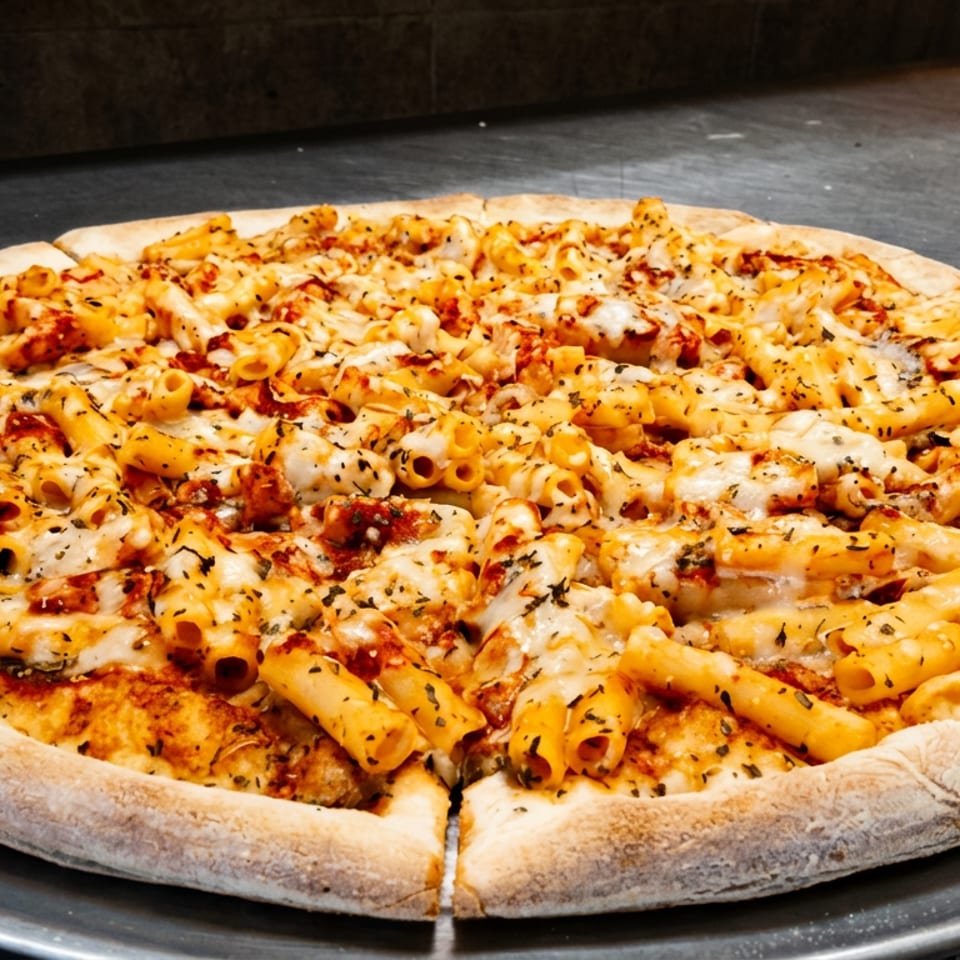Whole pizza topped with penne pasta, melted cheese, and herbs on a metal pan.